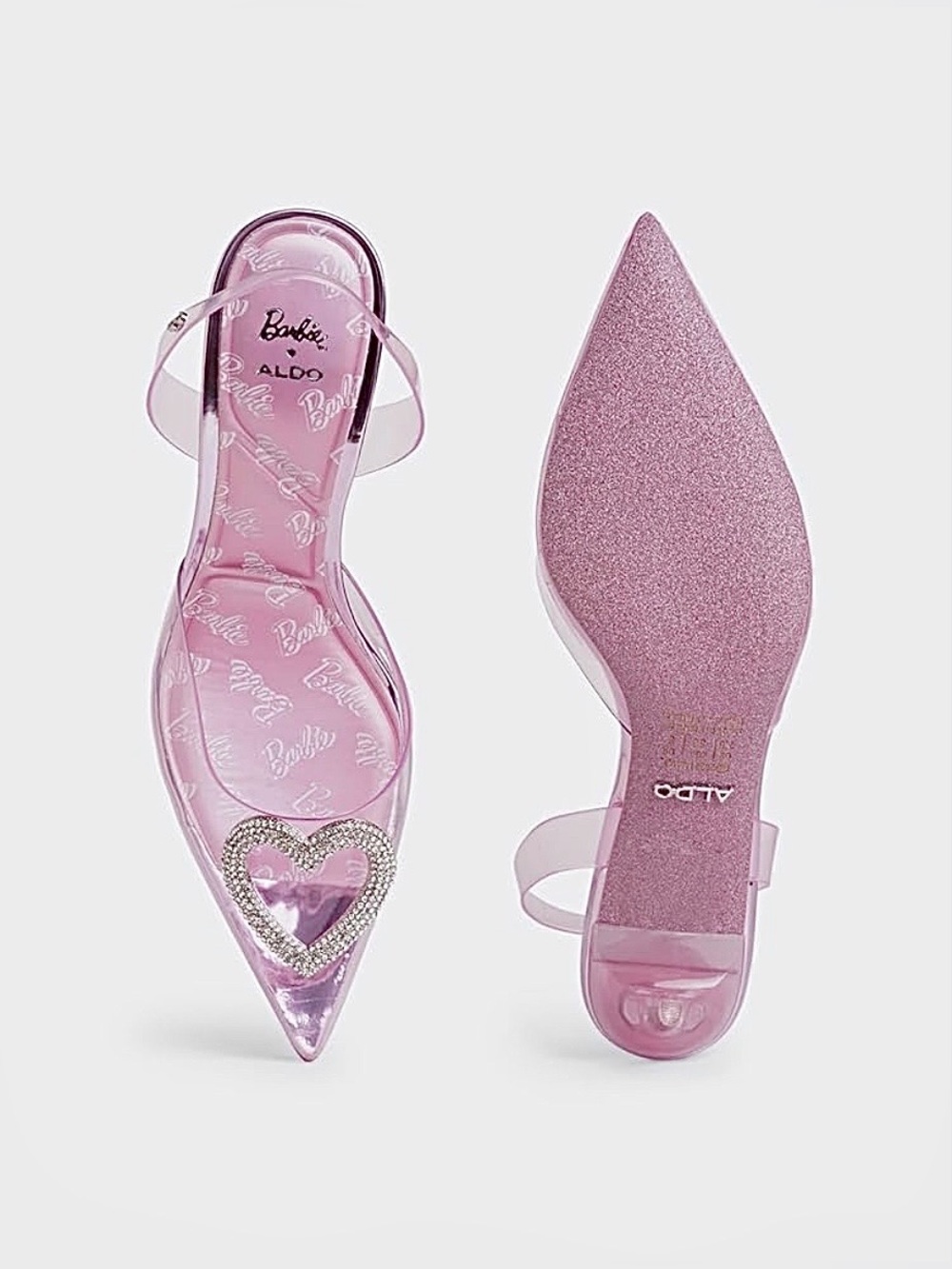 ALDO × Barbie Slingback Heels in Clear Pink with Crystal Heart Gems